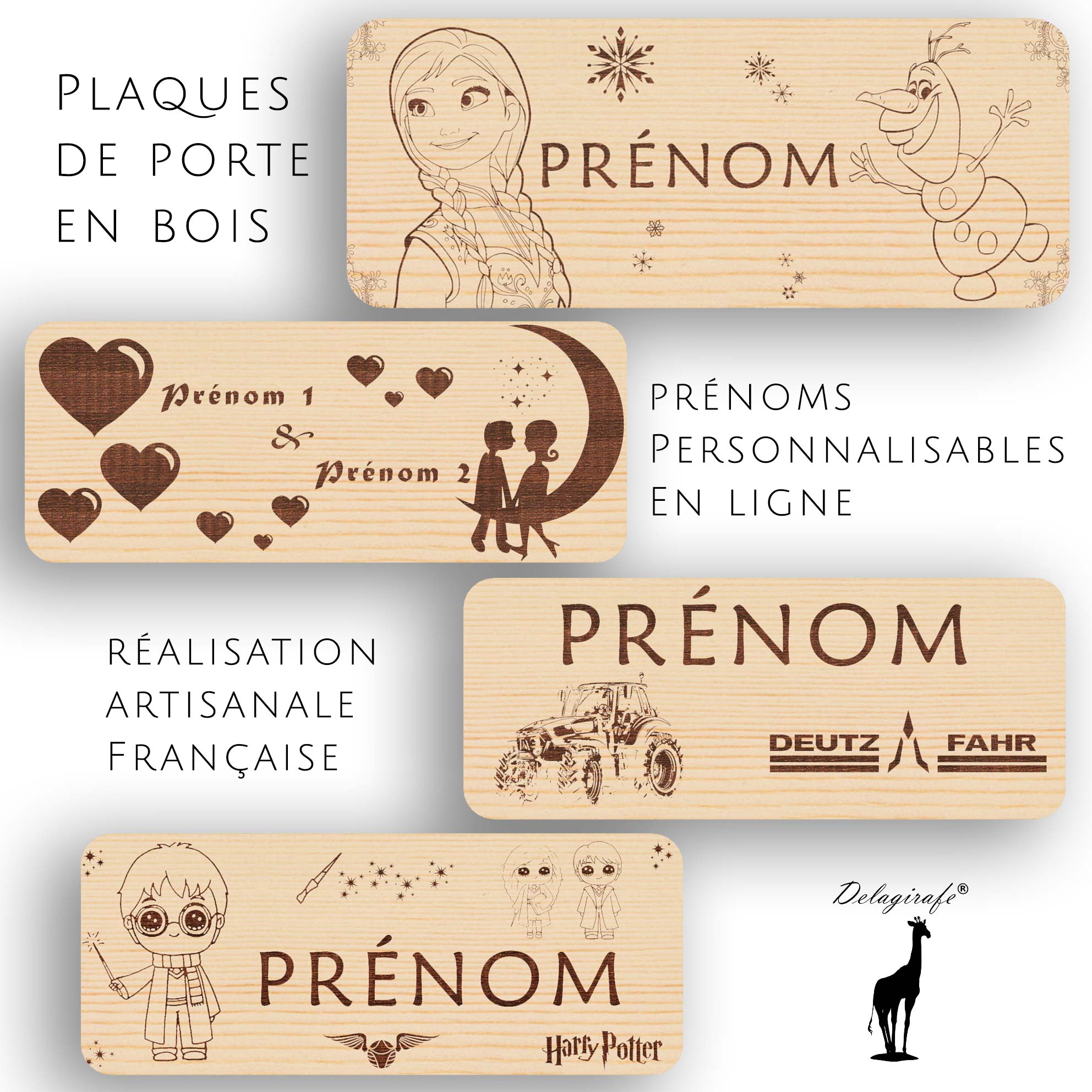 Plaques de porte en bois prénoms Personnalisables En ligne réalisation artisanale Française